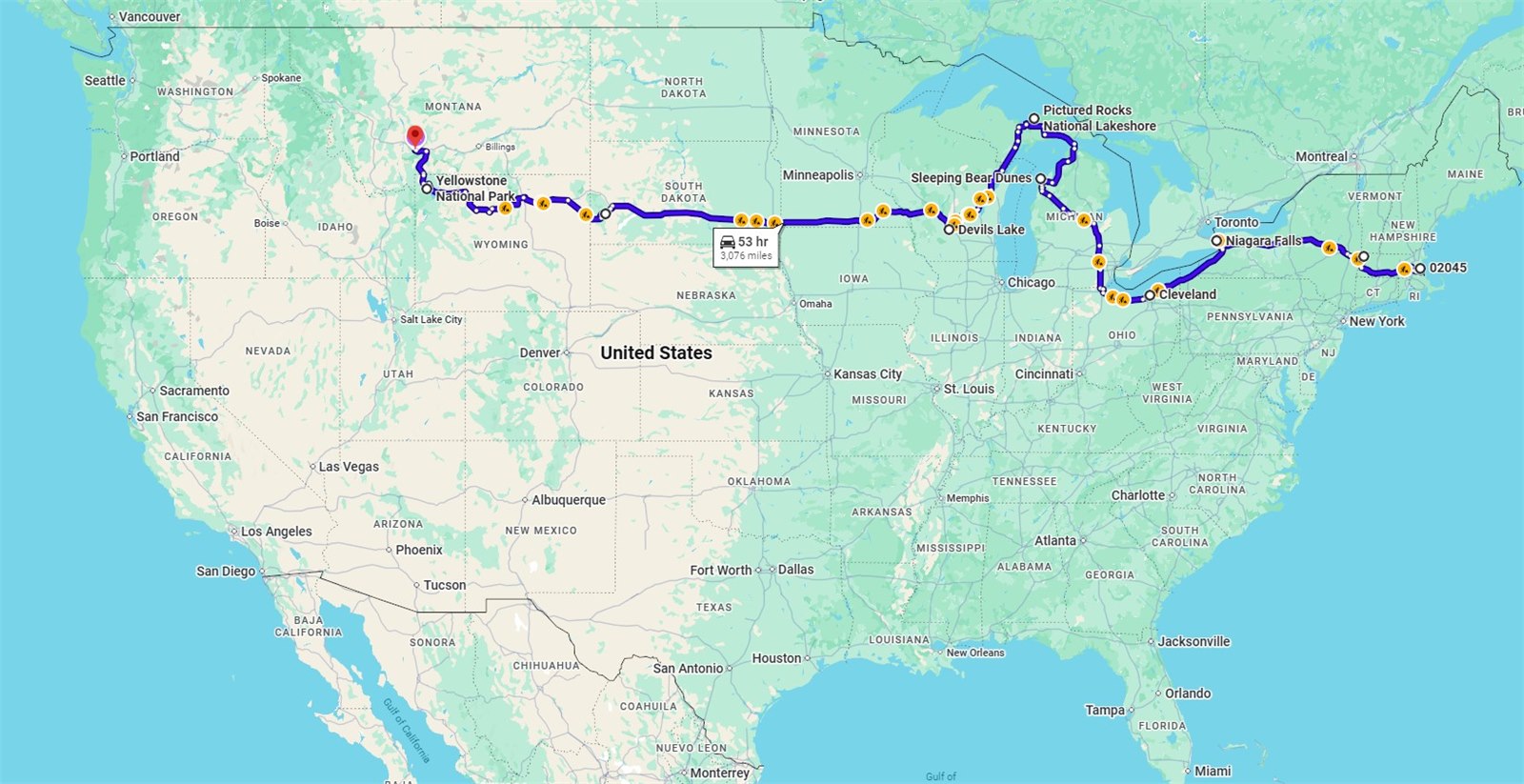 Map of the road trip route so far from Massachusetts through Yellowstone and up toward Glacier.