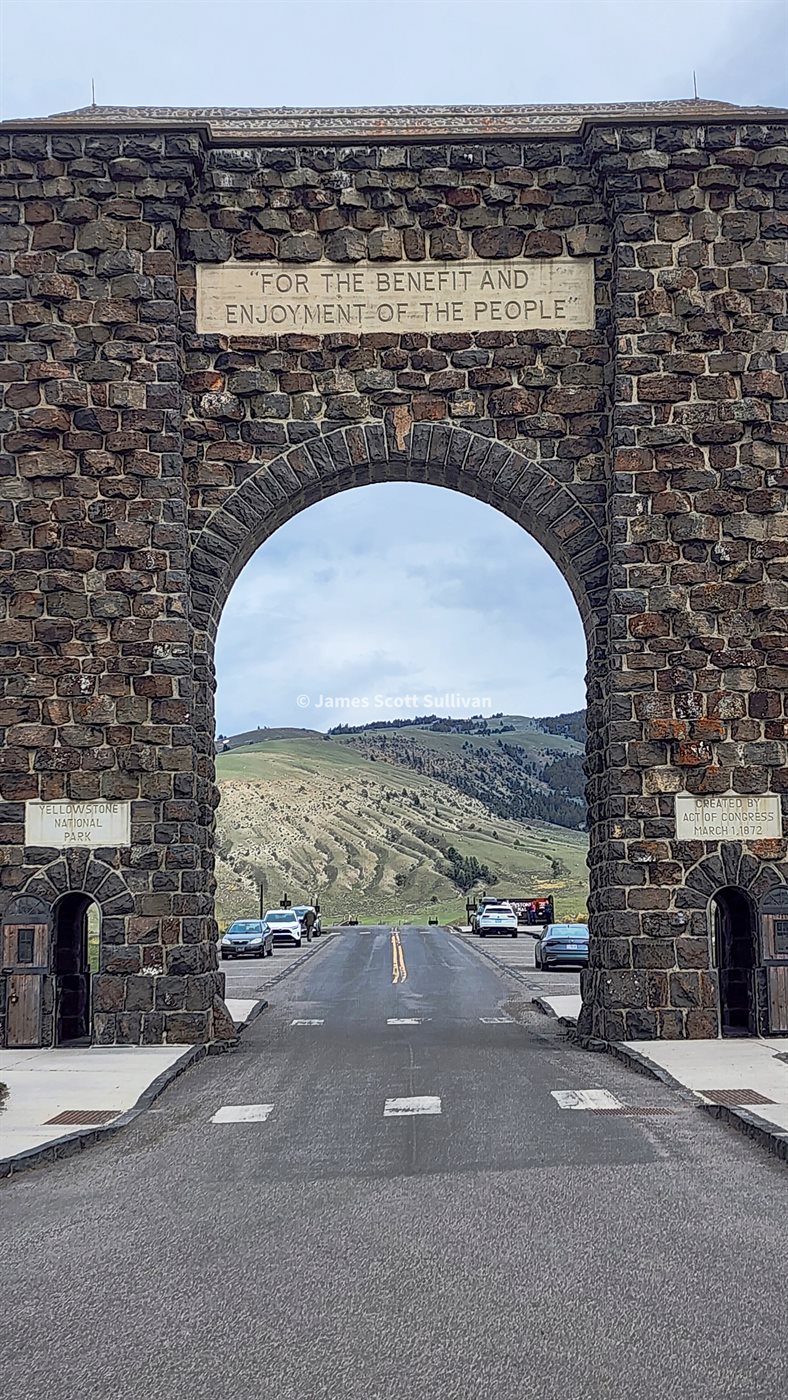 The Yellowstone National Park archway at the entrance to the park.