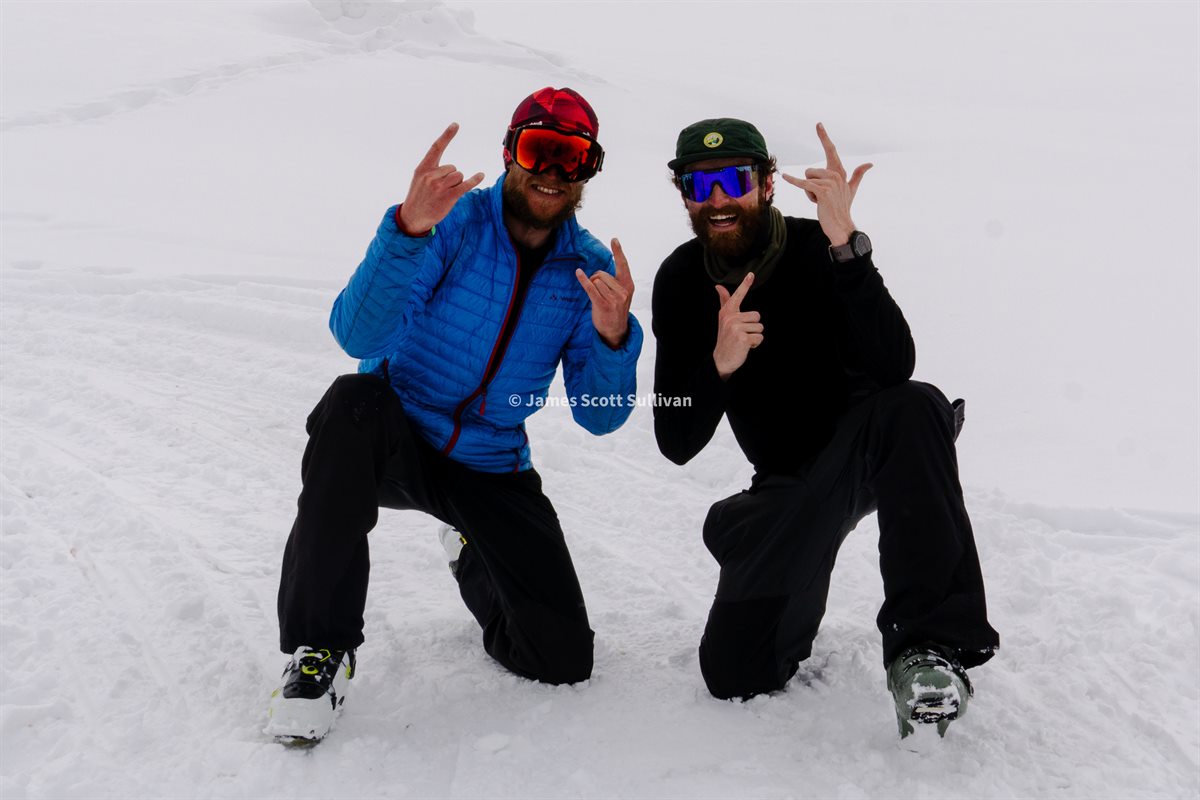 James and Dan posing together in the snow in Kyrgyzstan.